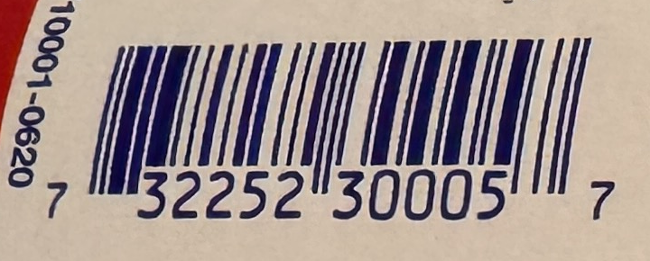 Close-up of the UPC barcode printed on the jar, reading 7 32252 30005 7