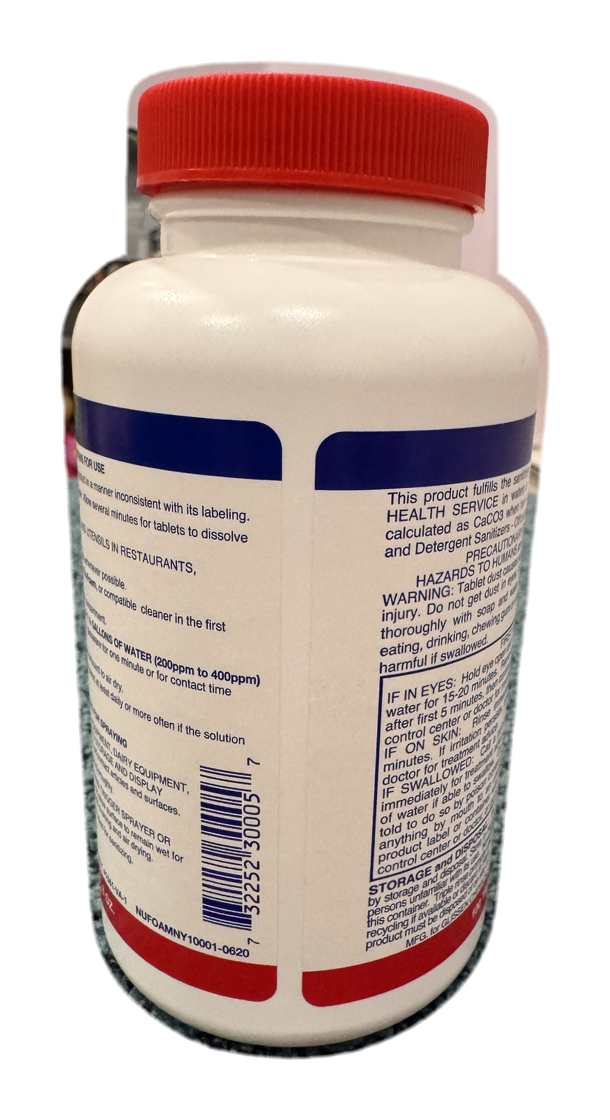 Photo of the back of the Nu-Foam Sanitizing Tablets jar showing the printed UPC barcode 732252300057