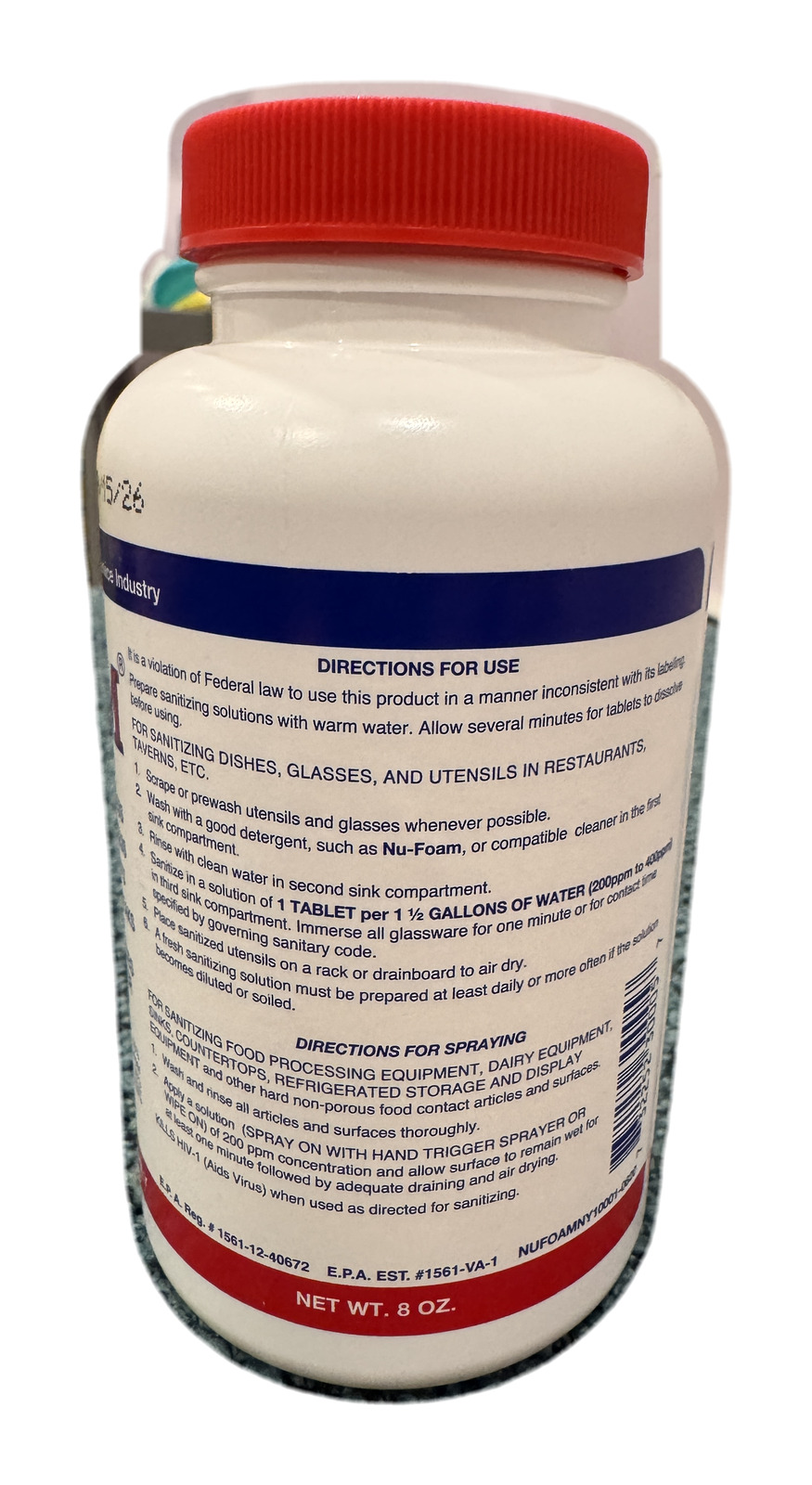 Photo of the Nu-Foam Sanitizing Tablets jar directions-for-use panel showing EPA Reg. No. 1561-12-40672