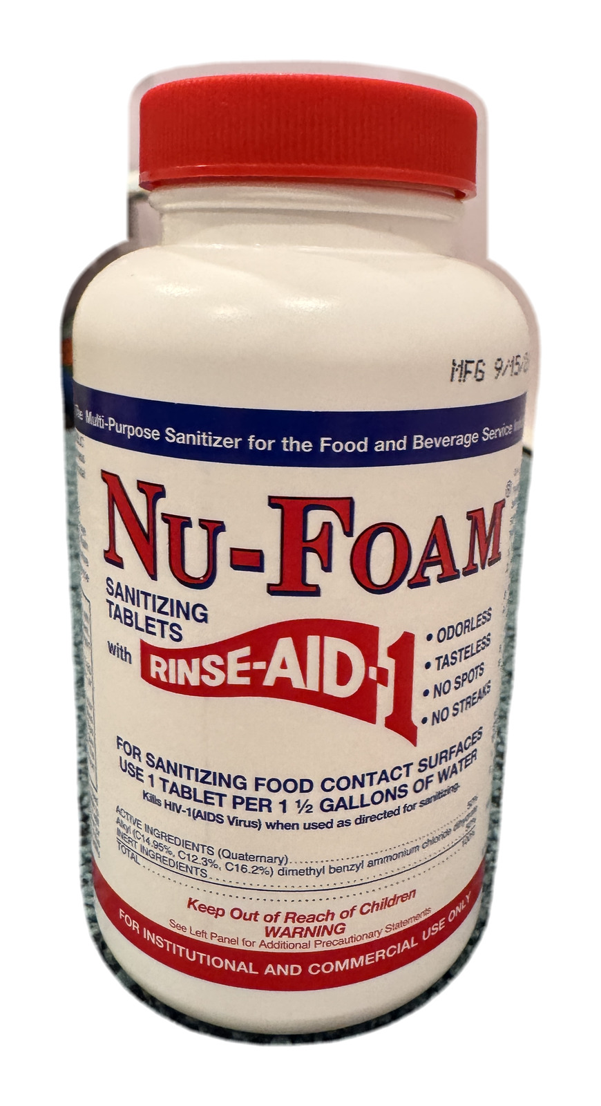 Photo of a Nu-Foam Sanitizing Tablets 100 ct jar, front label with the Nu-Foam logo and red cap