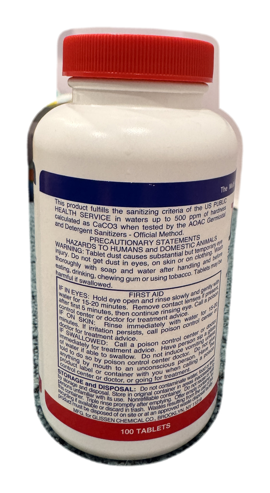 Photo of the Nu-Foam Sanitizing Tablets jar precautionary statements panel